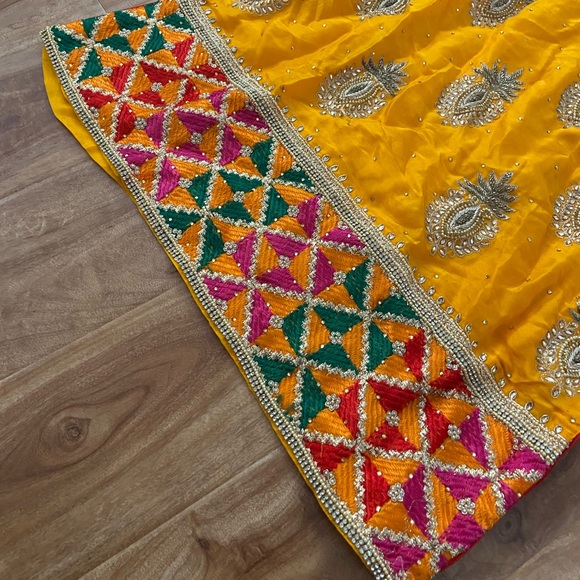 Three Piece Indian Mustard Yellow Folkari Jago Suit - Picture 3 of 11